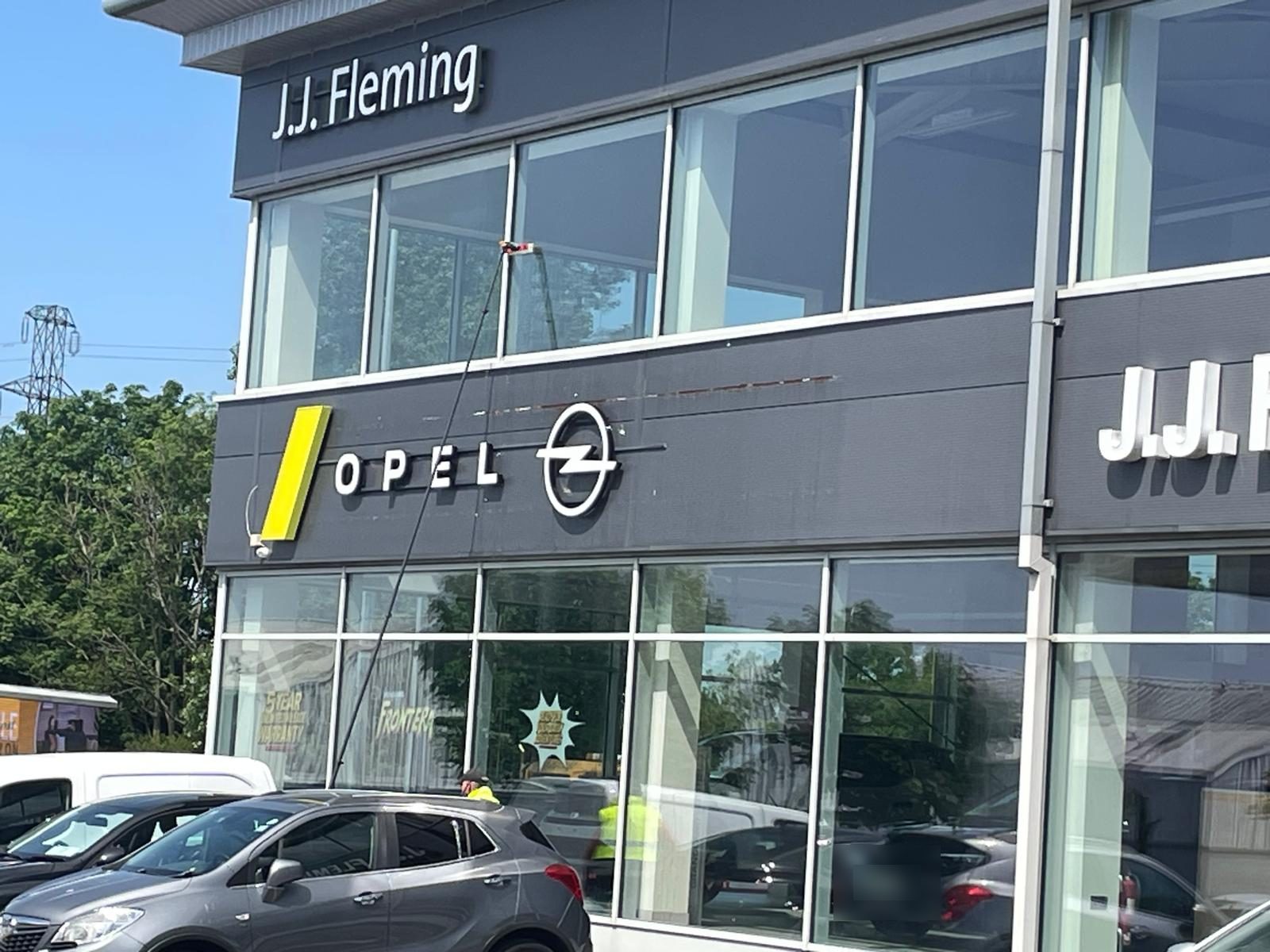 Atlantic Services high-reach window cleaning at the J.J. Fleming Opel dealership in Galway